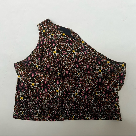 New By Anthropologie One Shoulder Linen Cropped Top Orang Motif Medallion boho - Picture 12 of 14